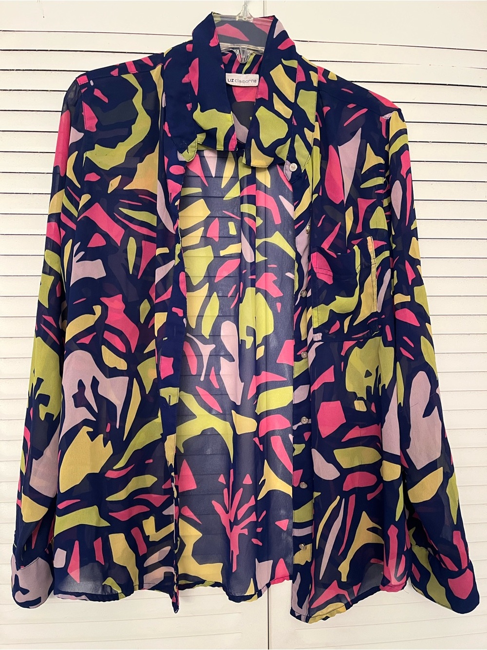 Liz Claiborne Navy Sheer Blouse with Pink and Lime Abstract Print